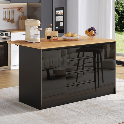 Meuble bar cuisine 140x80x90 cm avec plan de travail extensible, 4 tiroirs, 2 placards, MDF et bois naturel - noir (1/5)
