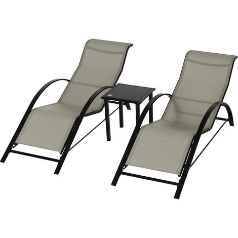 3-teiliges Sonnenliegen-Set, Garten-Sonnenliegen mit Metallrahmen, Beistelltisch und Armlehne, Grau