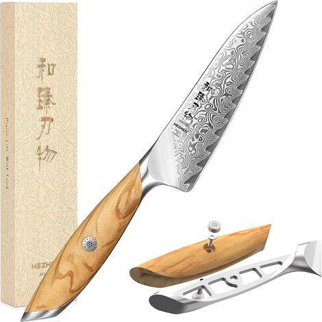 Couteau Universel Multifonctions en Acier Damas - Tout Usage pour Fruits et Légumes, à Éplucher 14Cr14MoVNb Poudré 14 cm