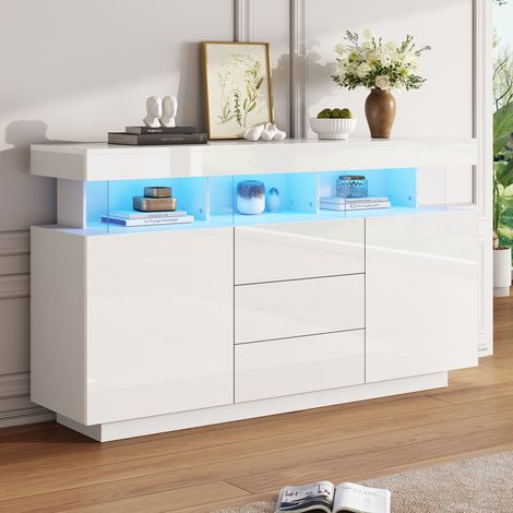 Sideboard 140 x 35 x 80 cm mit LED in 16 Farben, 3 Schubladen, 2 Türen, Weiß HAVRYA (1/5)