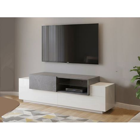 Dmora - Mueble de televisión Dlodrin, Aparador bajo para salón, base soporte TV, 100% Made in Italy, cm 160x45h51, Blanco Brillo y Gris Cemento (1/5)