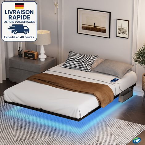 Cama de 160x200 cm - Cama para adultos - Cama suspendida de metal - Iluminación LED - Somier de láminas metálicas - Estable y robusta - Incluye bolsas de almacenamiento junto a la cama. - Incluye múlt (1/5)