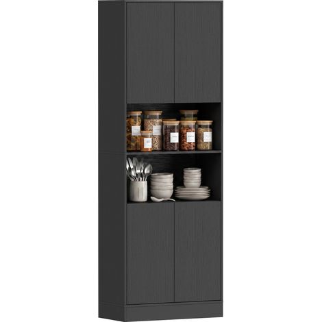 Armoire de cuisine - HOMCOM - 4 portes à fermeture douce, 2 compartiments ouverts et étagères réglables - bois - 60x30x170cm - noir