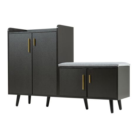 Banc de rangement pour chaussures blanc, moderne et luxueux — Doté d'une assise et d'un dossier rembourrés, de poignées et de pieds en métal — Le choix idéal pour votre entrée. (1/5)