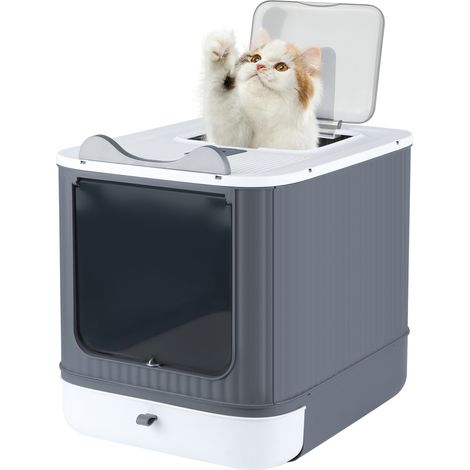 Hofuton Maison de toilette pour chat - tiroir à litière coulissant, porte transparente, pelle - blanc (1/5)