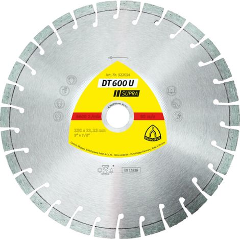 Lame diamantée segmentée KLINGSPOR 230 mm x 2,6 mm x 22,2 mm SUPRA DT600U, béton armé (1/4)