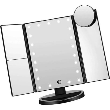 Miroir de maquillage pliable 3 volets, grossissement x2 et x3, éclairage LED réglable, miroir de coiffeuse portable avec lampe intégrée (1/5)