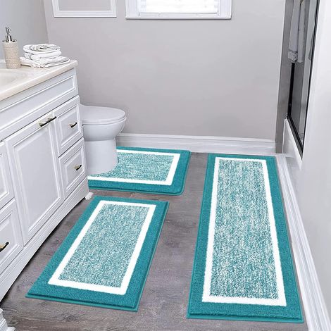Juego de 3 alfombrillas de baño, alfombrillas de microfibra extrasuaves, antideslizantes y absorbentes, color azul. (1/4)