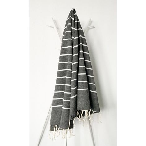 Fouta 100x200 Noire Rayures Blanches - 100% coton - franches