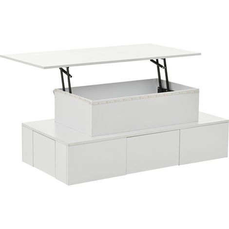 Mesita de centro elevable 100x50x40 cm con LED, 4 cajones y compartimento oculto, blanca MDF (1/5)