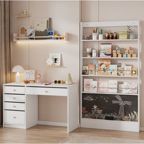 Scrivania per bambini 220x45x180 cm in truciolare bianco con contenitore – MEUBLIV (1/5)