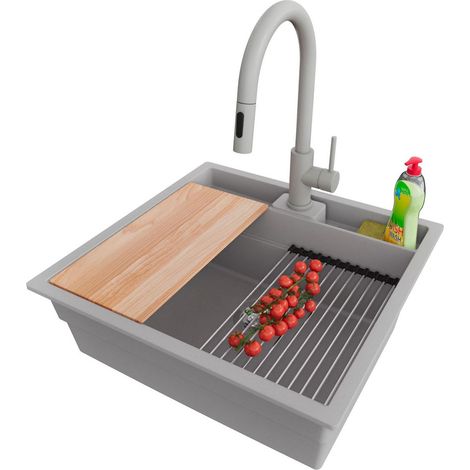 PRIMAGRAN Evier Cuisine en Granit 56x54cm,Lavabo 1 bac + Robinet 40x20cm + Kit de Vidage + Accessoires, Évier à Encastrer au meuble 60cm - Bergen Pocket, Gris (1/5)