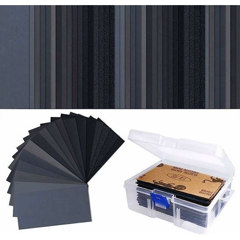 102 feuilles de papier de verre pour usage à sec ou à l'eau, grain 60 à 3000, format 7,6 x 14 cm, pour le traitement des surfaces de véhicules et de meubles en bois, par DEBUNS (1/5)