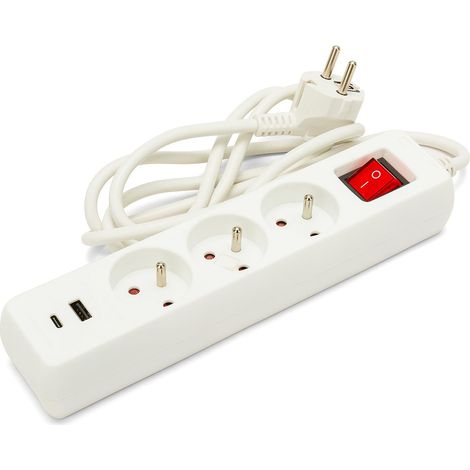 Multiprise française 3 sorties 2P+T et 2 prises USB Câble 1,5 m (1/5)