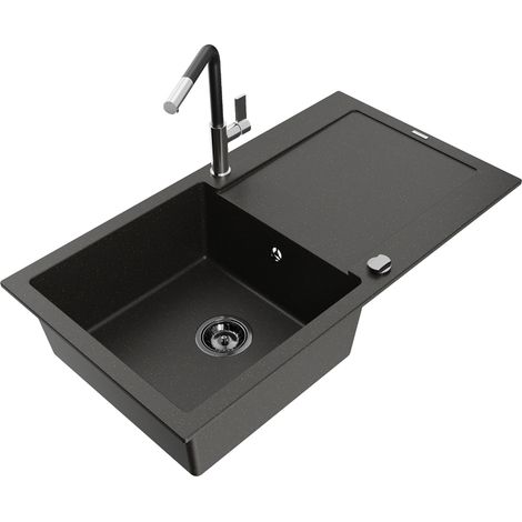 Mexen Leo évier en granit 1 bac avec égouttoir et robinet de cuisine Flora, noir/doré métallisé - 6501-75-670401-07-B (1/5)