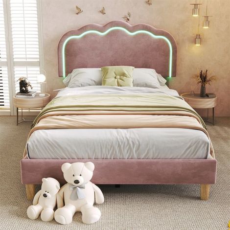 Lit enfant 90 x 190 cm rembourré velours rose avec LED, sommier à lattes et tête de lit réglable (1/5)