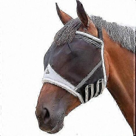 Masque anti-mouches cheval en mesh doux, sans oreilles, protection légère et respirante, modèle sans couvre-oreilles, taille universelle, idéal pour le pré et le transport. (1/2)