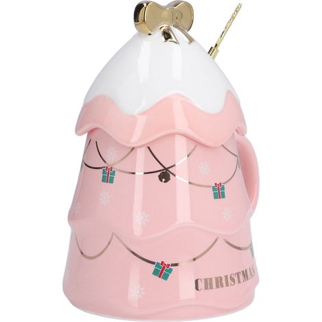 Grande Tasse Céramique 500ml avec Couvercle et Cuillère - Mug à Café et Thé Idée Cadeau Noël Rose