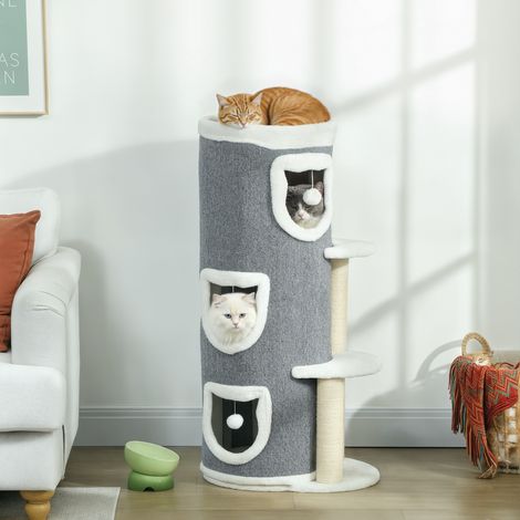 Torre per gatti a 4 livelli, albero per gatti stabile con pali in sisal e bordo imbottito, 2 piattaforme, 50x36x101 cm, grigio (1/5)