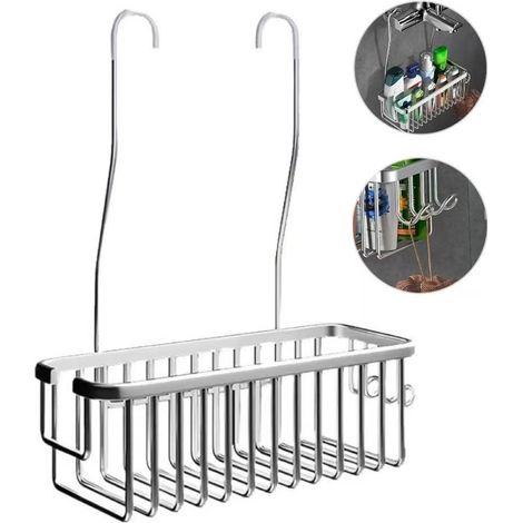 Étagère de salle de bain avec crochets, sans perçage, support de shampoing/gel douche, support de rangement de douche, argent brillant (1/5)