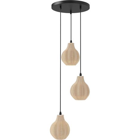 COSTWAY Suspension Luminaire en Rotin à 3 Lumières, Lustre Tissé à la Main, Hauteur Réglable, 3 Culots d'Ampoule E27, Lustre Style Bohème, Suspension Luminaire pour Salon Chambre Cuisine