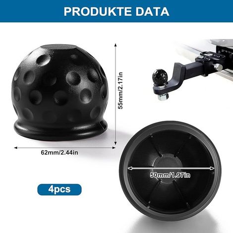 4-teiliges Kugelkopf-Set, 50-mm-Gummikugel für Anhängerkupplung, Schutzkappe für Anhängerkupplungskugel, für Anhänger, Lkw und Pkw, Schwarz (1/5)