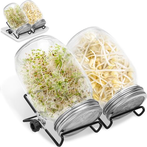 Jiubiaz Sprossenglas Set 2x1000ml mit Edelstahlsieb, Halter und Auffangschale, einfach zu reinigen & luftdurchlässig