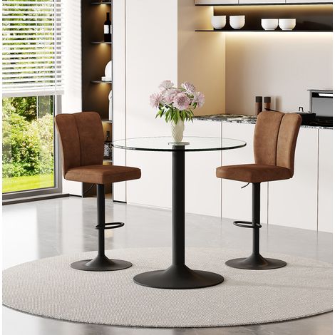 Set tavolo bar rotondo 89 cm in vetro, 2 sgabelli girevoli, salvaspazio per soggiorno FLORAGRACE (1/5)