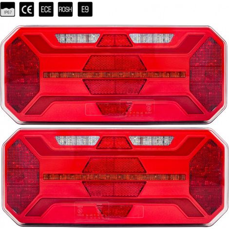 Set links + rechts – Multifunktionale LED-Rückleuchten mit Laufblinker (Neon-Effekt) 12 V / 24 V, 305 mm x 131 mm x 60 mm