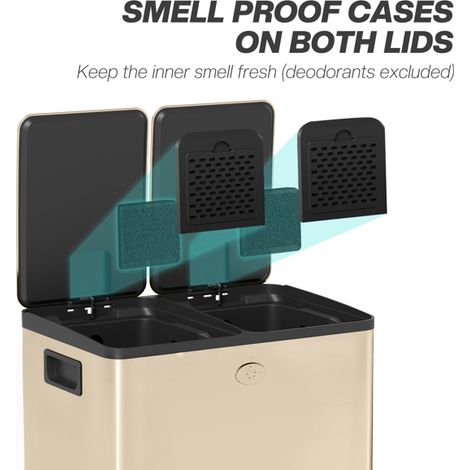 20L Dual Compartment Kitchen Trash Bin in Gold Tone - Stainless Steel, Removable Buckets, Pedal Operated, No Assembly Required
