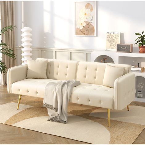 Sofá cama de 2 plazas con respaldo y reposabrazos ajustables, terciopelo beige HAVRYA (1/5)