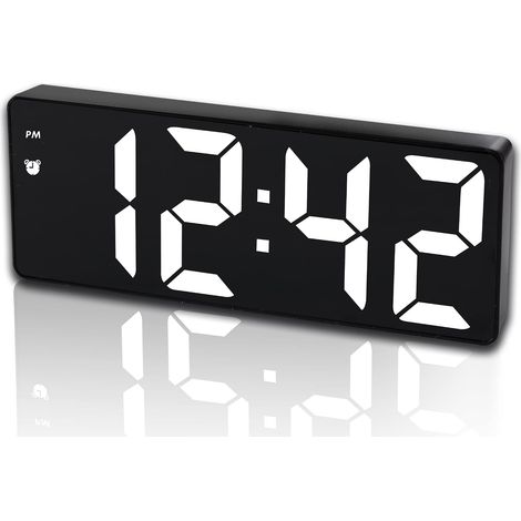Réveil LED miroir blanc, commande vocale, luminosité réglable, fonction snooze, format 12/24 heures pour enfants, pour bureau ou table de chevet (1/5)