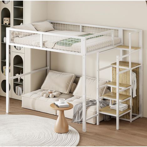 Cama alta 140x200 cm blanca de metal y MDF con escalera y armario (1/5)