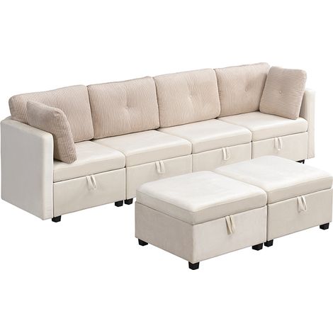 Divano modulare a U 6 posti con contenitore, velluto e corduroy beige MODENUIT (1/5)