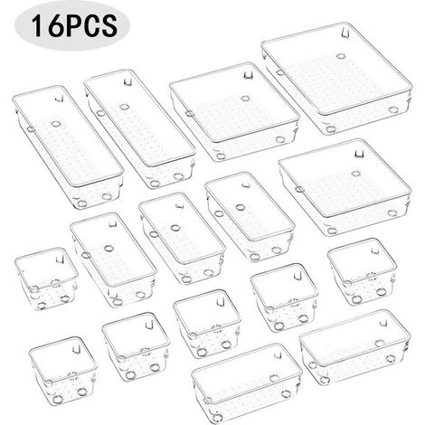 Make-up-Organizer-Set mit 16 Stück, Aufbewahrungsbox aus Kunststoff, Schubladen-Organizer für Kosmetika, Büro, Küche (transparent)
