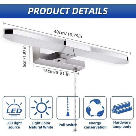 Lampe Miroir LED Salle de Bain 40CM Lampe pour Miroir Lumineux LED Applique Murale Lumiere Miroir Salle de Bain Avec interrupteur à tirette 3000K 920LM 8W IP44 Acrylique Lumières [Classe énergétique F