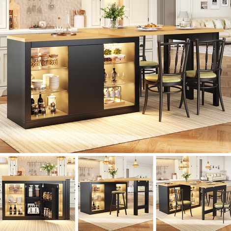 Table à manger extensible pour îlot de cuisine avec LED RGB contrôlable par application, 120-197cm, pivotable à 360°, avec portes magnétiques et étagères en verre, blanc/noir, charge maximale 60kg (1/5)