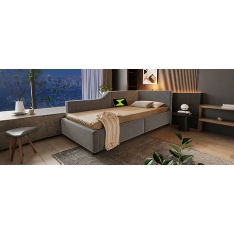 Cama de día 90x190 cm terciopelo gris con almacenaje, ahorra espacio, sin colchón – MEUBLIV (1/5)