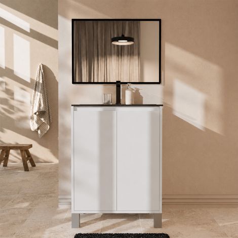 meuble de salle de bains 50cm 2 portes blanc, vasque noire et miroir cadre noir 50x70 - xenos (1/5)