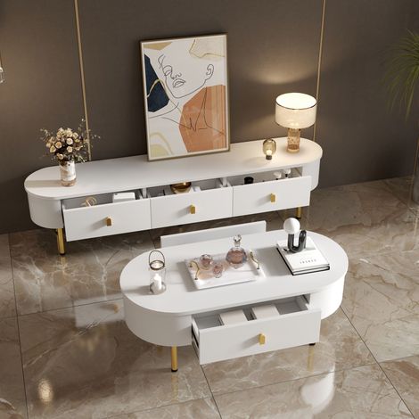 Combo meuble TV de luxe lumineux table basse,salon combiné,tiroirs,coins arrondis