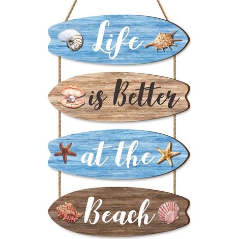 4 x salle de bain de plage avec décoration murale, planche de surf en bois bleu sur la plage accrocher des panneaux d'affichage d'offres d'inspiration pour la chambre, le salon, le salon (1/5)
