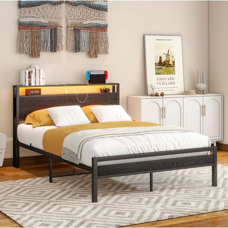 Cama 120/200 cm de metal negro con almacenaje, USB y cabecero con estantes (1/5)