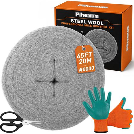 Steel Wool Against Mice - 20m Roll 0000 Ultra Fine 6.5cm Wide - Stainless Steel Wool for Mouse Repellent, Mirror Polishing and Cleaning - Gloves and Scissors Included (Includes (1/5)