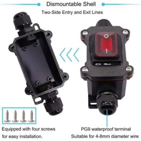 Interrupteur étanche IP67 220V AC DPST avec LED rouge – Double entrée/sortie, idéal extérieur (1/5)