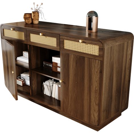 Commode 120 cm rétro en bois foncé, 3 tiroirs, 2 placards, niche ouverte, portes réglables, style salon et entrée, rangement pratique – CHICFURN (1/5)