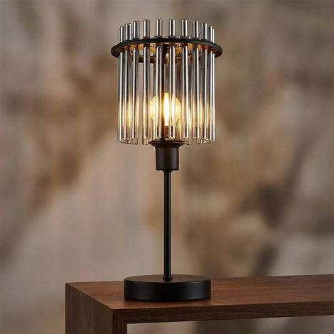 LED Tischleuchte Beistelllampe Schlafzimmerlampe Nachttischlampe Tischlampe, Metall schwarz Glasstäbe rauchfarben, 1x E14 Filament LED warmweiß, H 37,5 cm