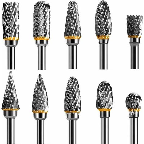 Tungsten Carbide Steel Double Edge Rotary Tool Burr Set, 10 Pieces 1/8” Shank for Rotary Tool for DIY, Wood Carving, Metal Polishing, Engraving, Drilling