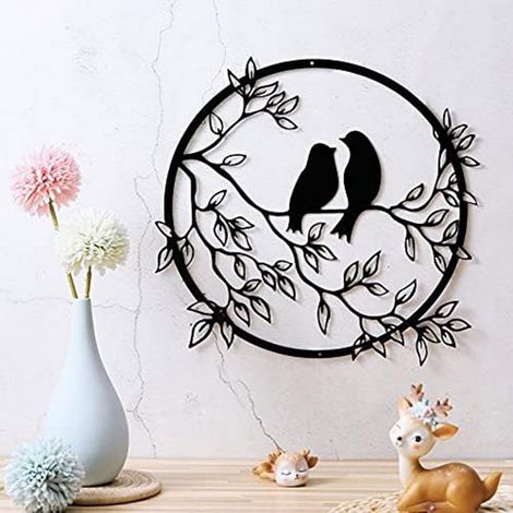 Silhouette Oiseau Sur Branche - Décor Mural Métal Noir - Diamètre 30 cm - Pour Salon Chambre Bureau Jardin (1/5)