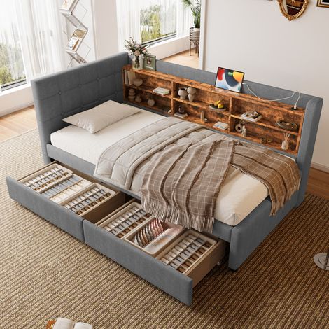 Sofá cama infantil 90×200cm con almacenaje, 2 cajones, 6 compartimentos, USB+Tipo C, sin colchón, lino, gris (1/5)