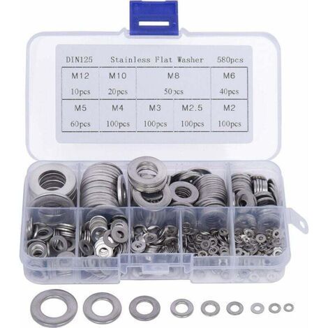 Lot de 580 rondelles en inox – 9 tailles M2 à M12 – Boîte de rangement en plastique – Pour mécanique et bricolage (1/5)